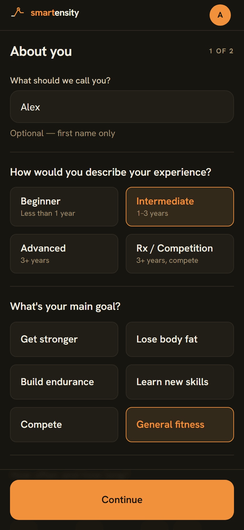 Onboarding form — about you, experience and goal