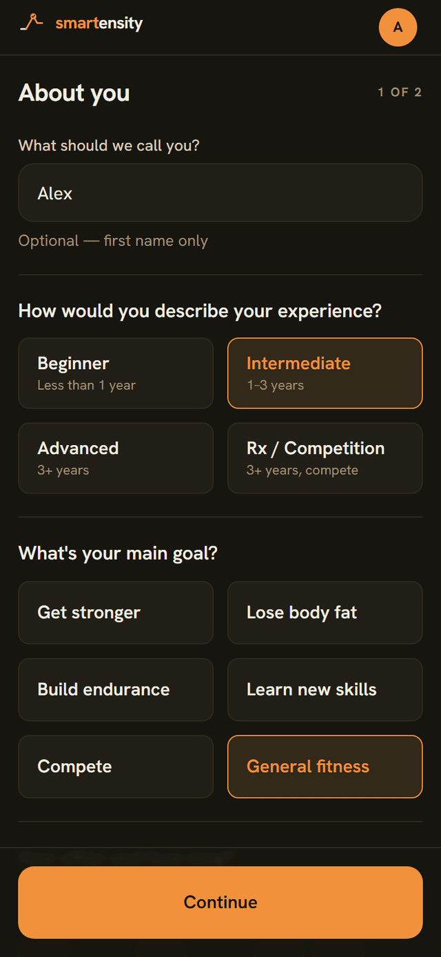 Onboarding form — about you, experience and goal