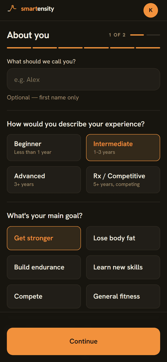 Onboarding form — about you, experience and goal